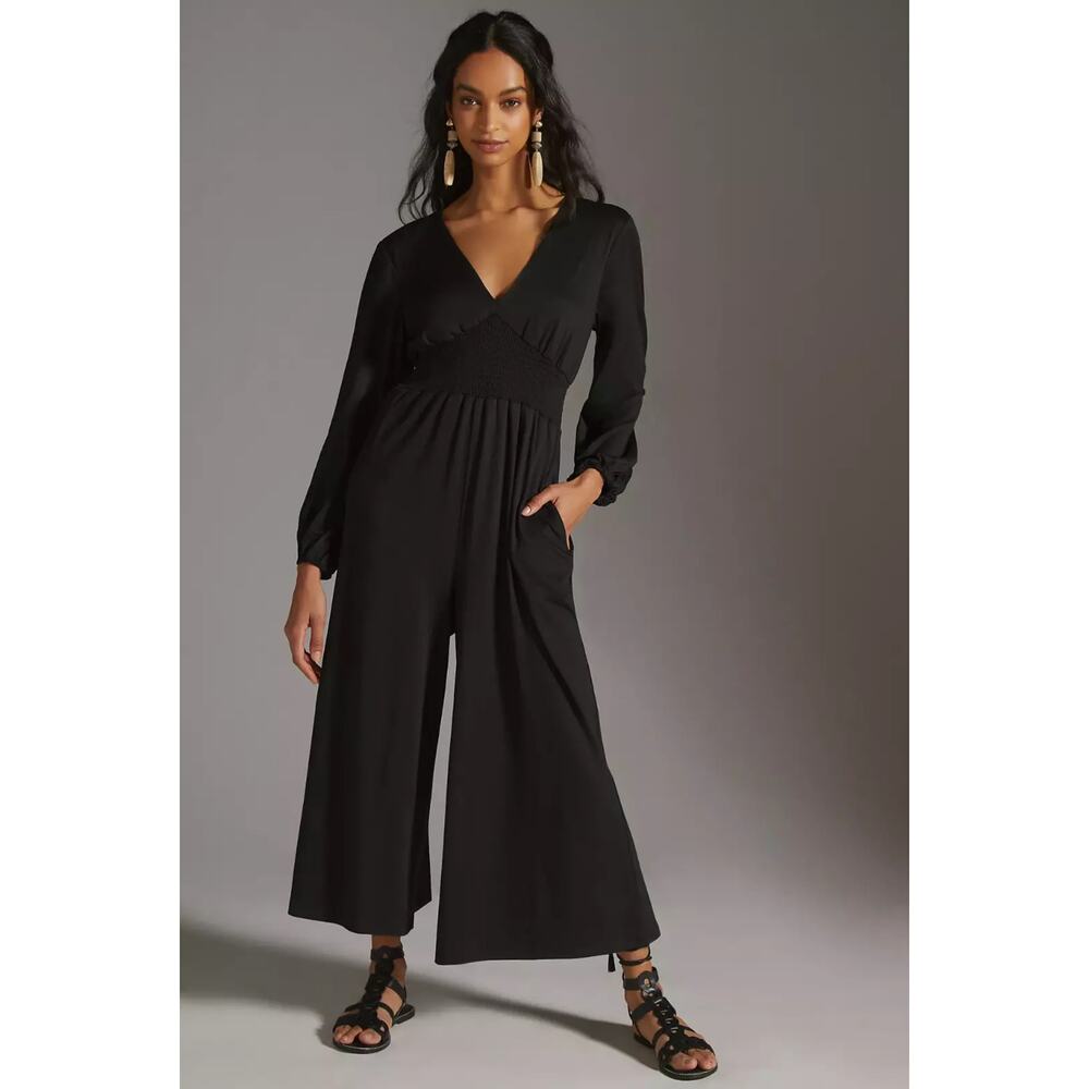 Anthropologie Hutch Black‎ Jersey Knit Wide Leg V-Neck Jumpsuit Small
